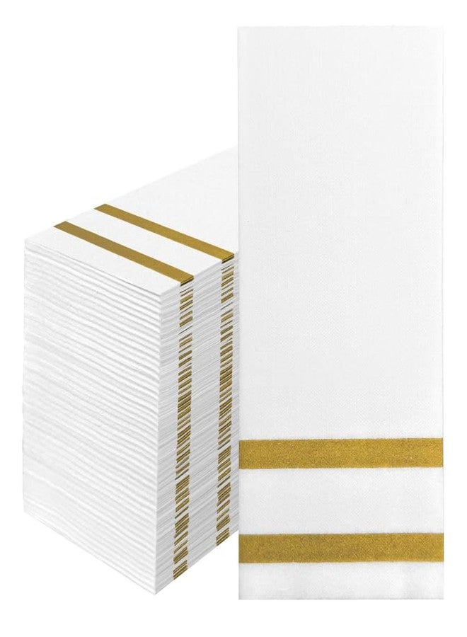 Biocean 100 Pack Napkins Disposable Guest Towels Linen-Feel Decorative Napkins Soft and Absorbent Dinner Paper Hand Towels for Bathroom Party Powder Room Hotel Fancy Restaurant (100 Gold stripe) - Image 1